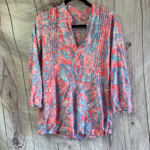 Lilly Pulitzer Sarasota tunic Is Summer Siren Floral Pink and Blue Women's Top M - Picture 1 of 7